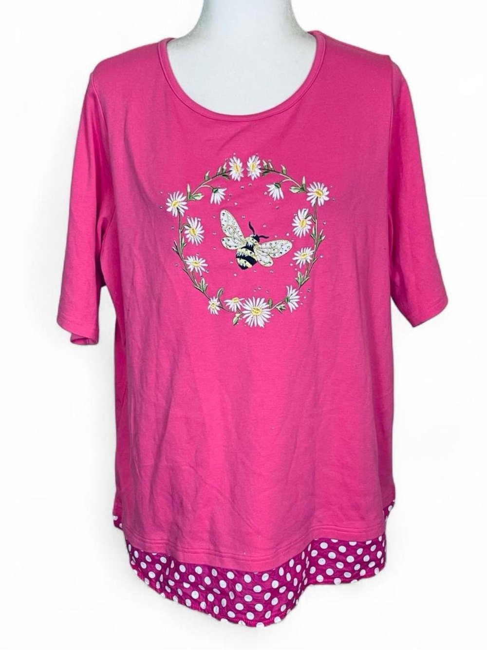 Quacker Factory Plus Size 1X Embroidered Bee Print Shirt Blouse Pink White Polka